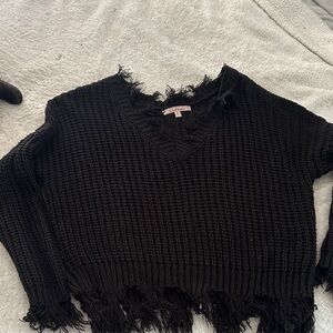 Love Tree Black Frayed V-Neck Sweater